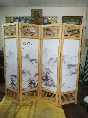 Bình phong M003 khung vuông phối tranh và hoa văn