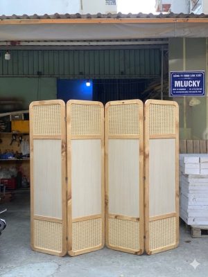 Bình phong M005M2 phối các ô canvas sáng và mây đan