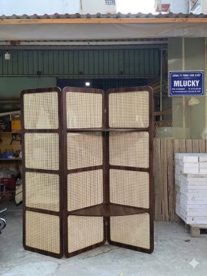 Bình phong M005MK mặt mây chia ô kết hợp các đợt kệ