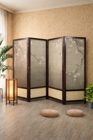Bình phong M009 mặt tranh với khung tối màu