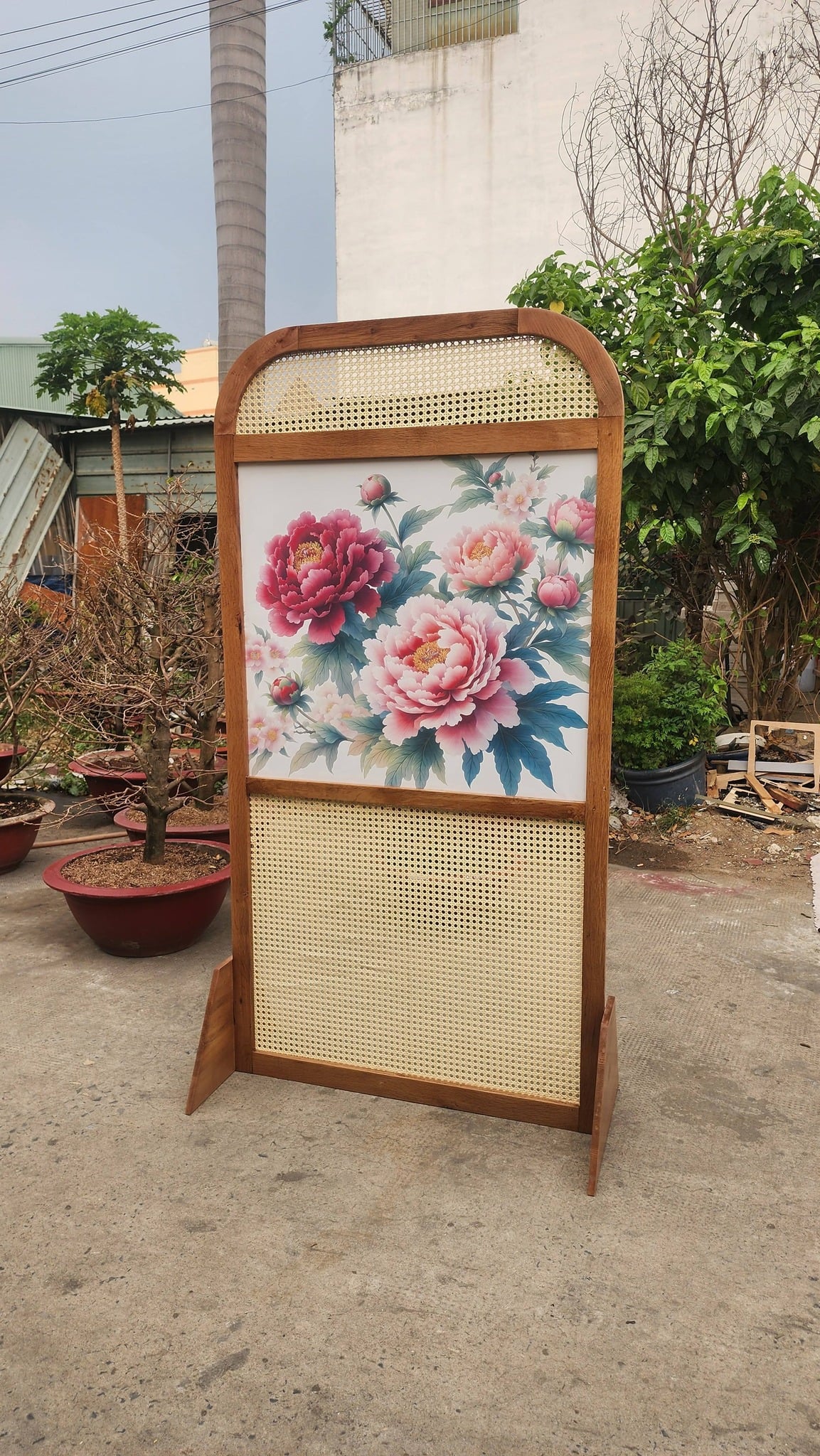 Bình phong M017G phối tranh hoa và mặt căng mây