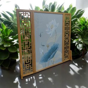 Bình phong M019M3 tranh trung tâm và hoa văn CNC hai bên