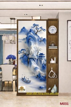 Bình phong M031 tranh sơn thủy xanh phối kệ trang trí